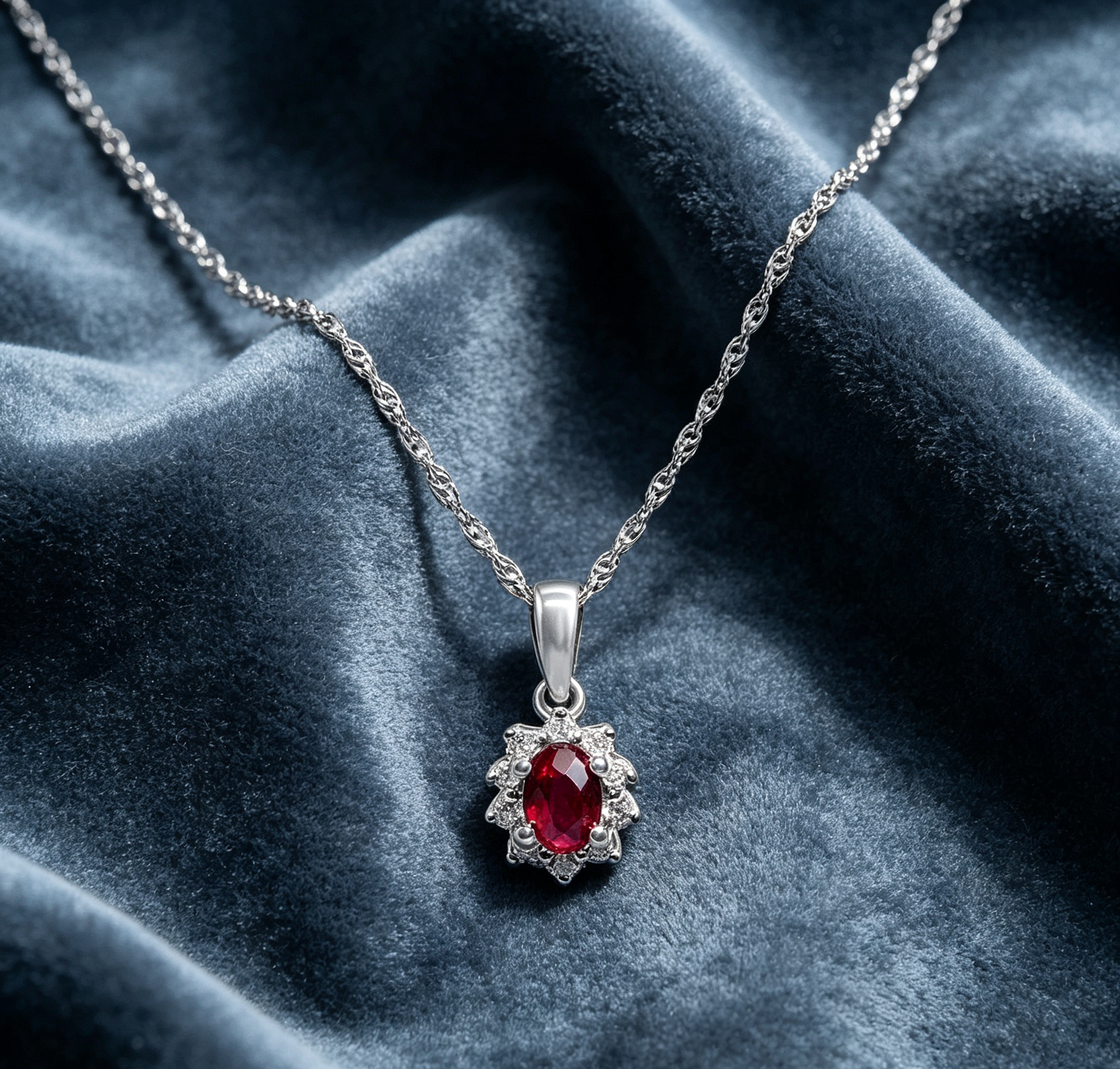 Radiant Elegance: 14K White Gold Natural Ruby & Diamond Pendant Necklace