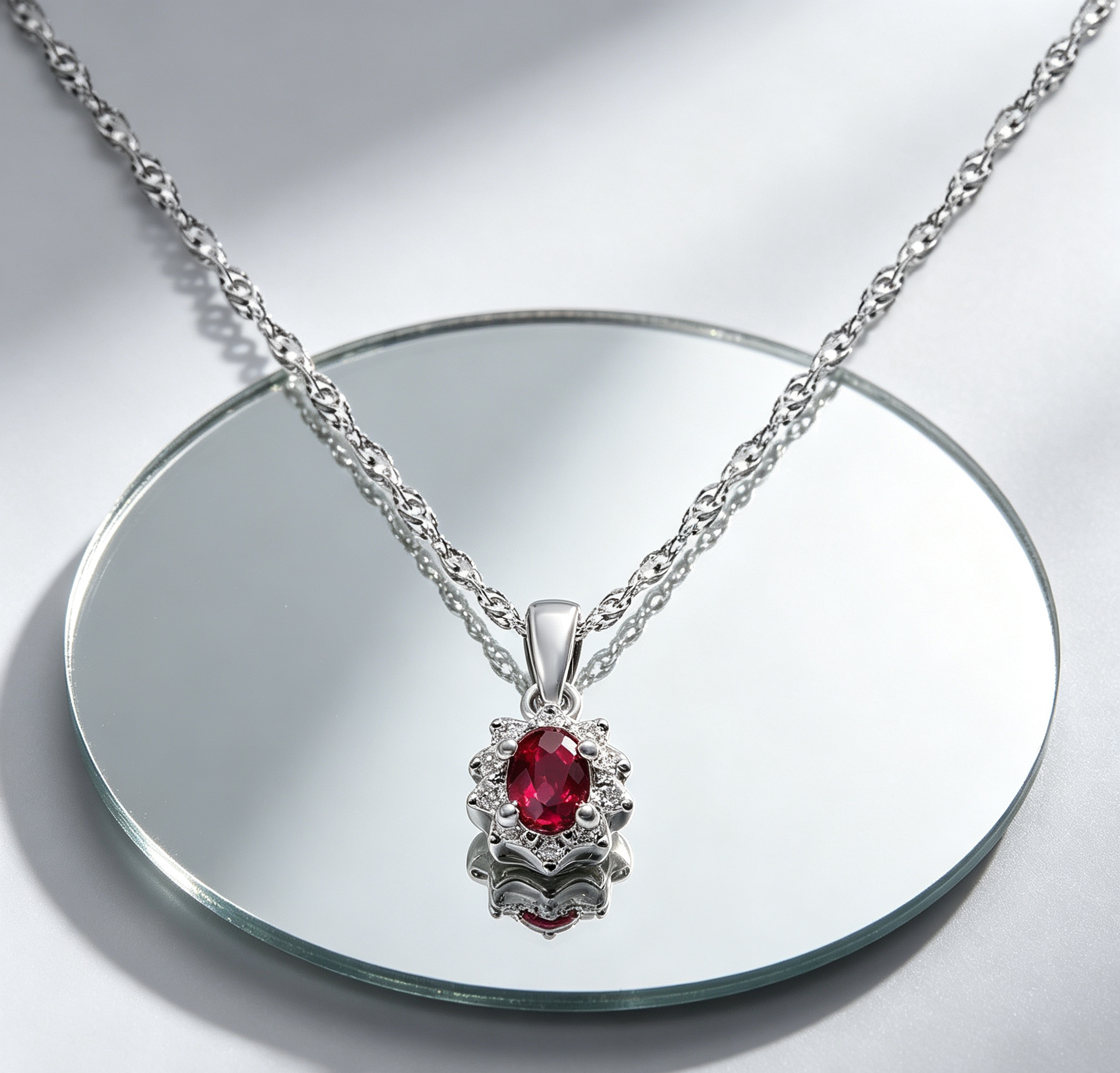 Radiant Elegance: 14K White Gold Natural Ruby & Diamond Pendant Necklace
