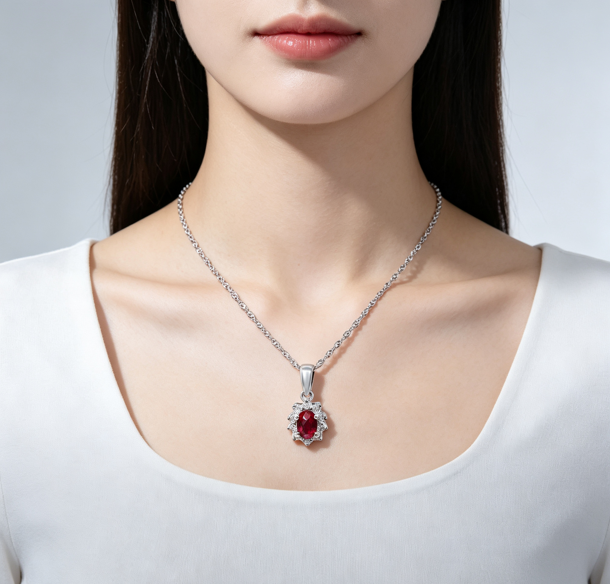 Radiant Elegance: 14K White Gold Natural Ruby & Diamond Pendant Necklace